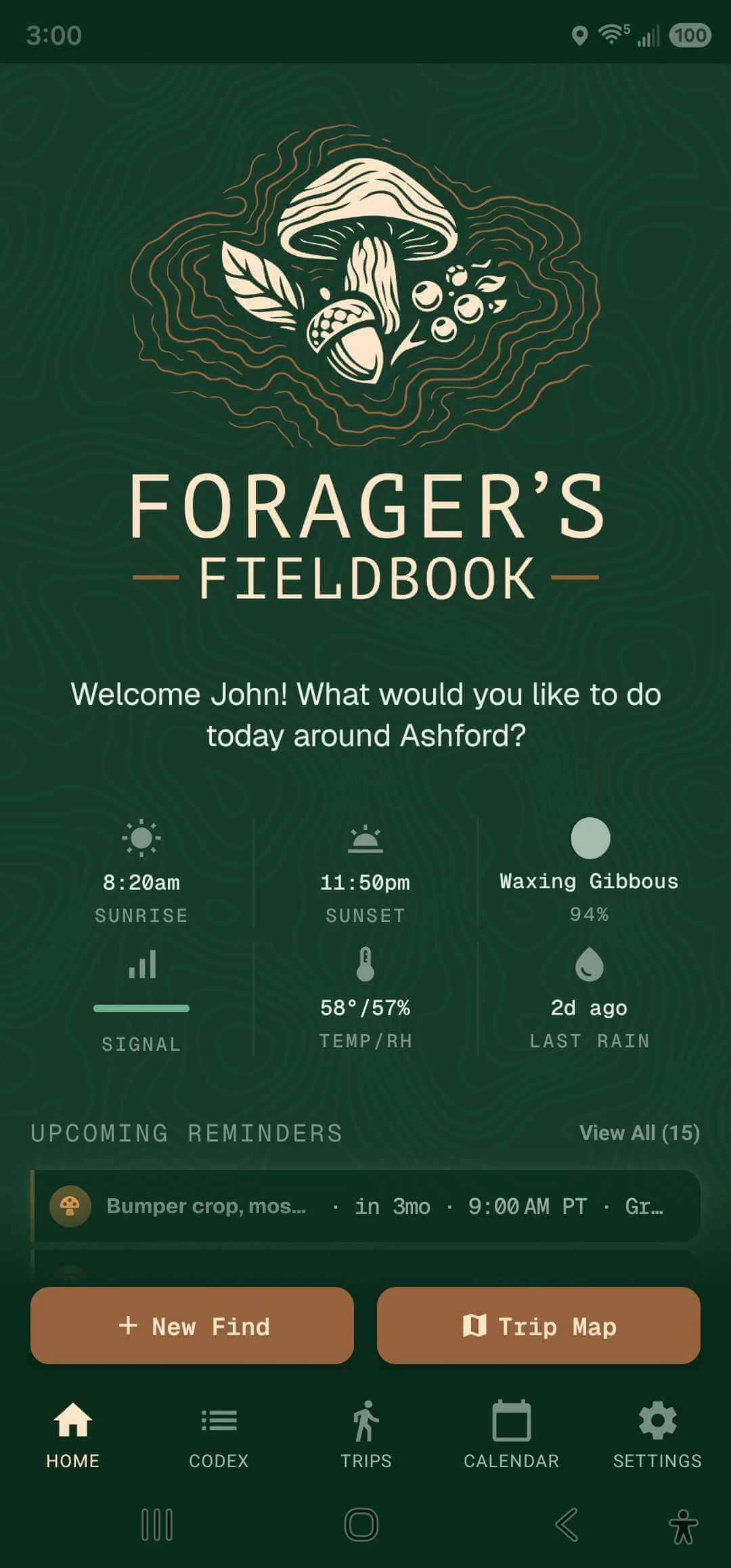 Home screen — quick actions and recent finds