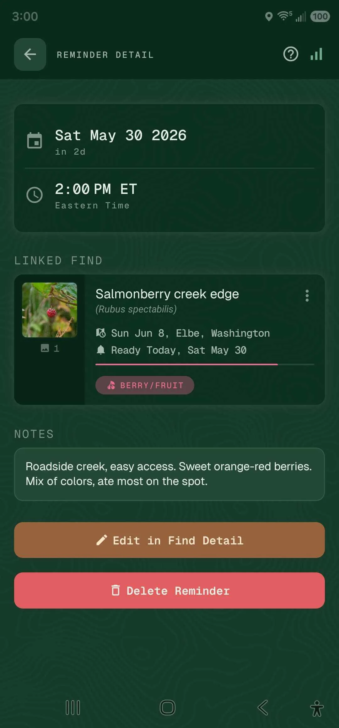 Reminder detail view linked to a single find