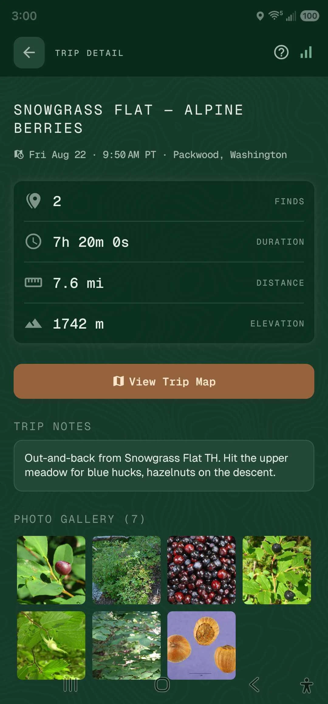 Trip summary — distance, elevation, and linked finds